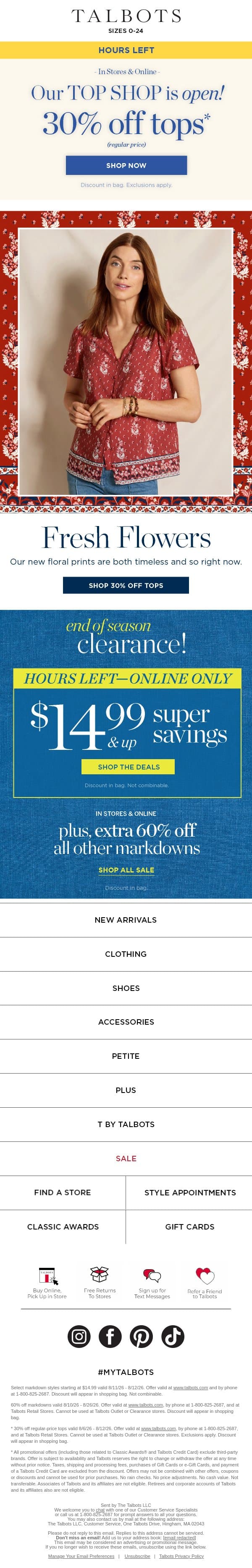HOURS LEFT! 30% off ultra-feminine TOPS email from Talbots screenshot