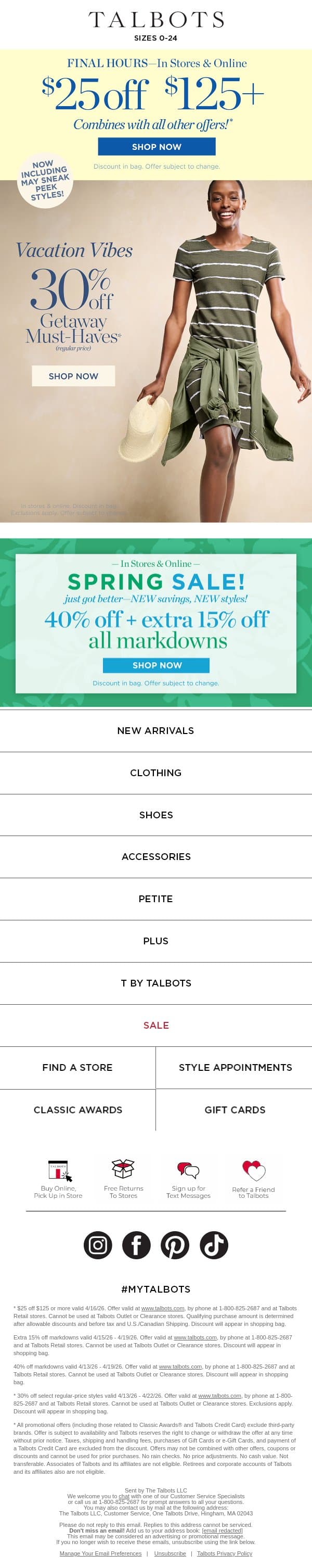 FINAL HOURS! $25 off $125 or more, combines with ALL OFFERS email from Talbots screenshot