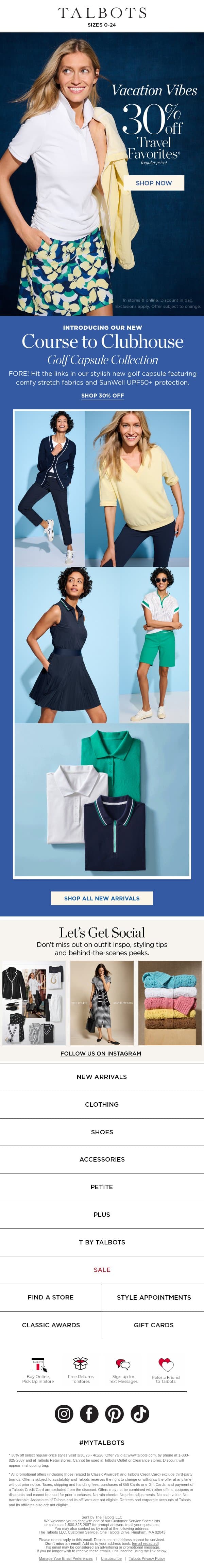 Meet our NEW GOLF Capsule + 30% off Travel Favorites email from Talbots screenshot