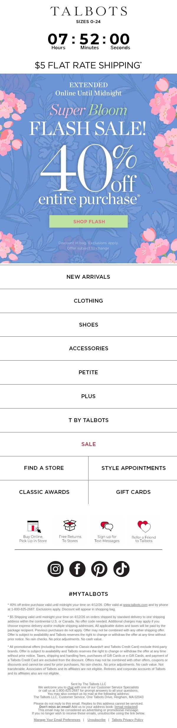 Hurry! 🌻 40% off everything ENDS AT MIDNIGHT email from Talbots screenshot