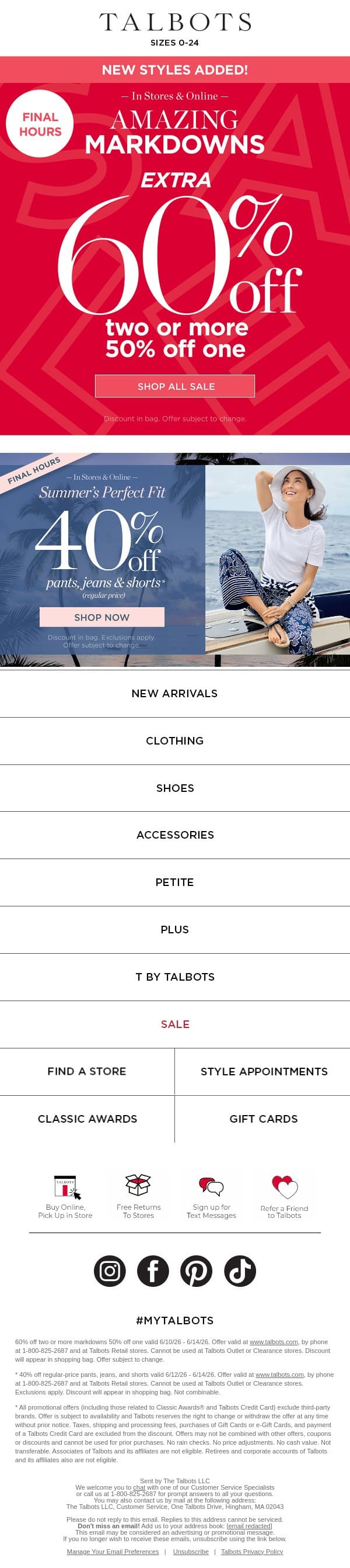 LAST CALL! These amazing DEALS are almost over email from Talbots screenshot