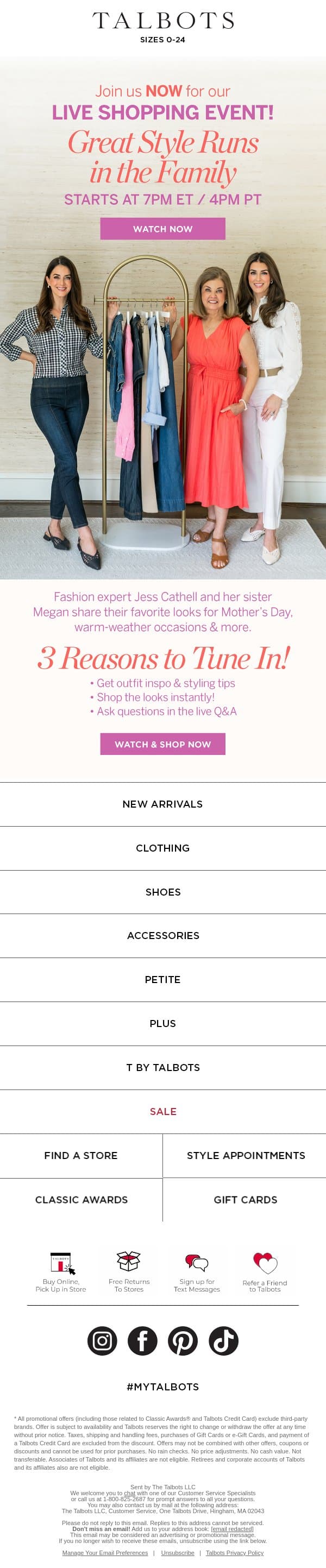 WATCH NOW LIVE! Our Great Style Runs in the Family Shopping Event is ON email from Talbots screenshot