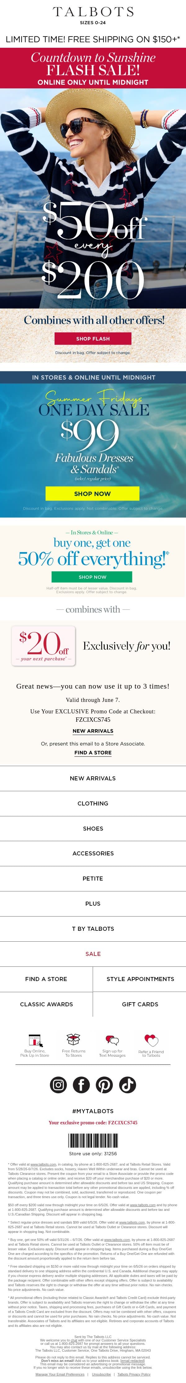 $50 off + $99 dresses + $99 sandals ⚡ ENDS MIDNIGHT ⚡ email from Talbots screenshot