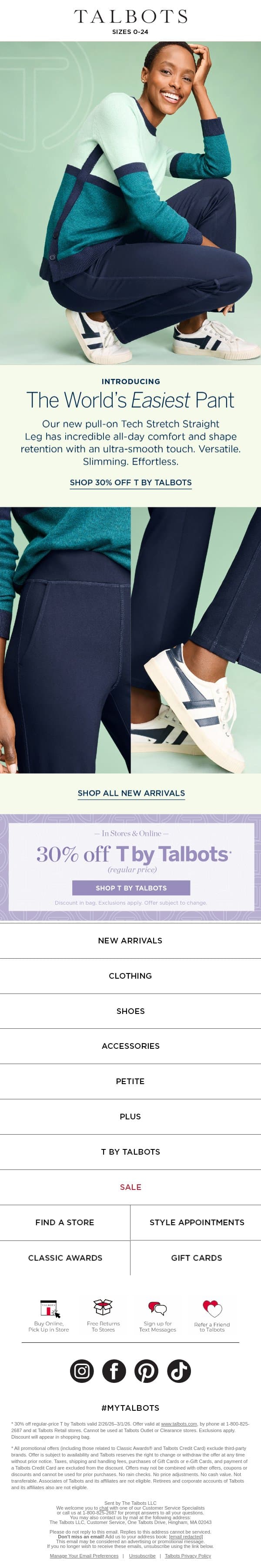 Introducing the World’s Easiest Pant. email from Talbots screenshot