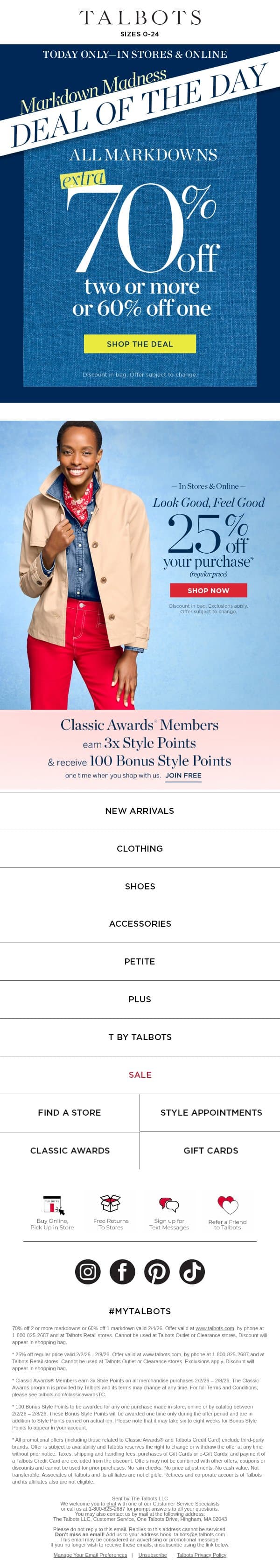 It’s ON! Extra 70% off 2+ markdowns DEAL OF THE DAY email from Talbots screenshot
