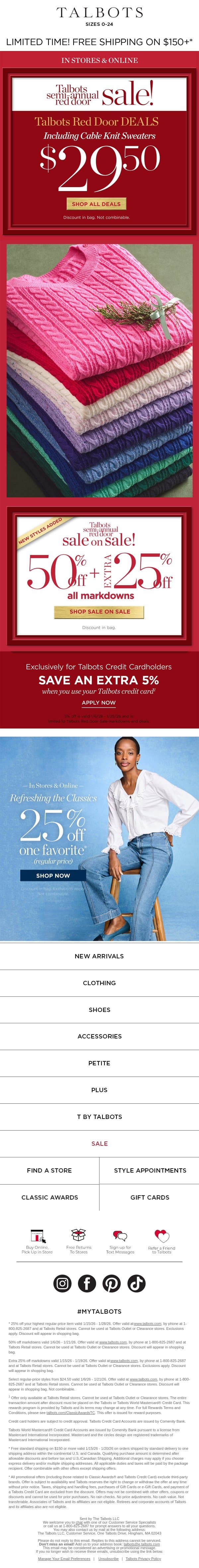 $29.50 Colorful Cable Sweaters email from Talbots screenshot