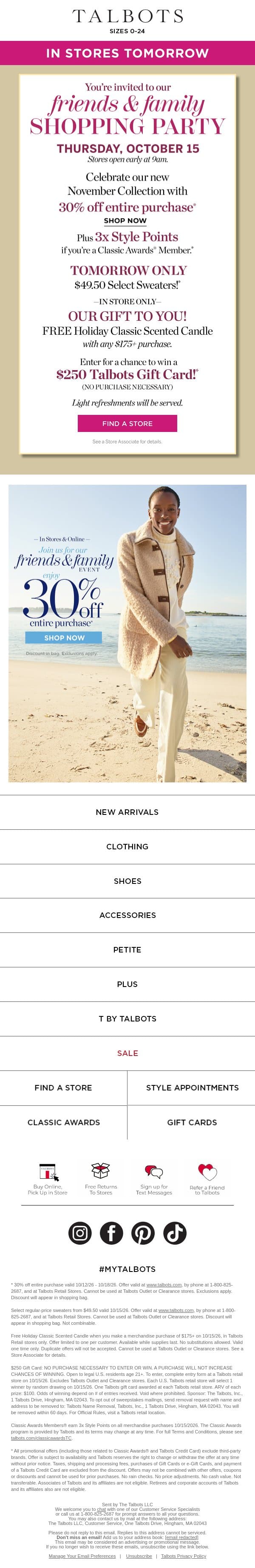 You’re invited to a PARTY tomorrow! email from Talbots screenshot