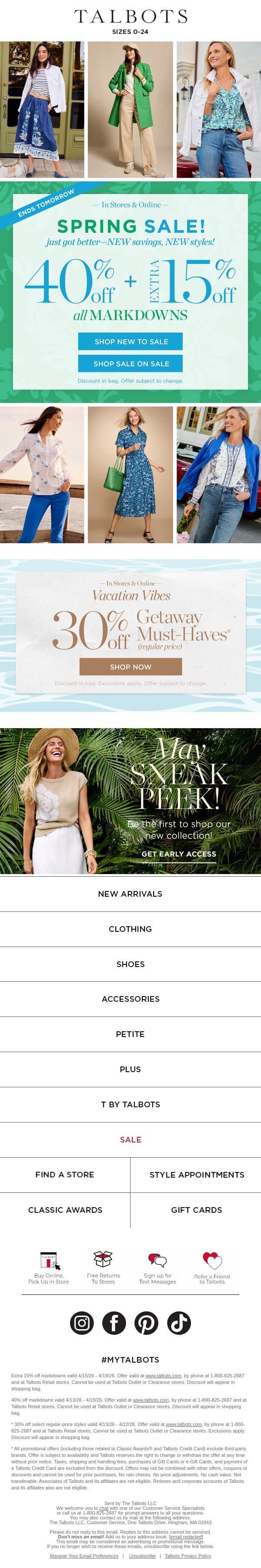 Extra 40% + 15% off markdowns ENDS TOMORROW email from Talbots screenshot