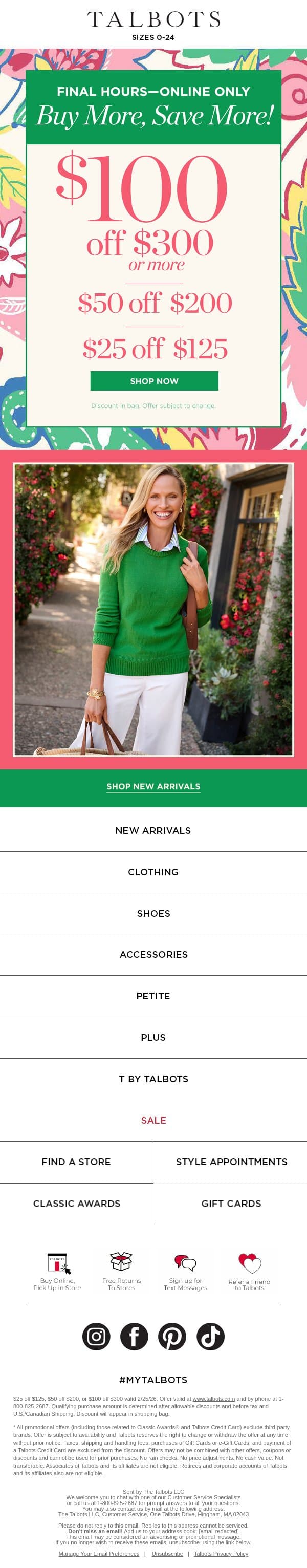 FINAL HOURS to save $100, $50 or $25 email from Talbots screenshot