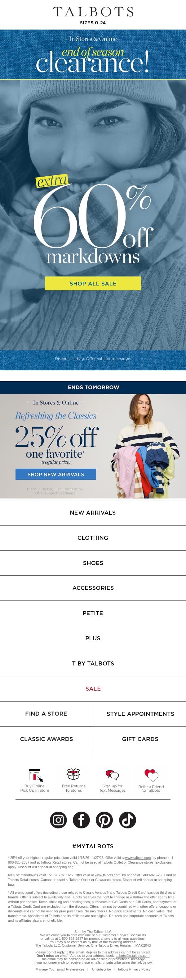 EXTRA 60% off END of Season Clearance IS ON! email from Talbots screenshot