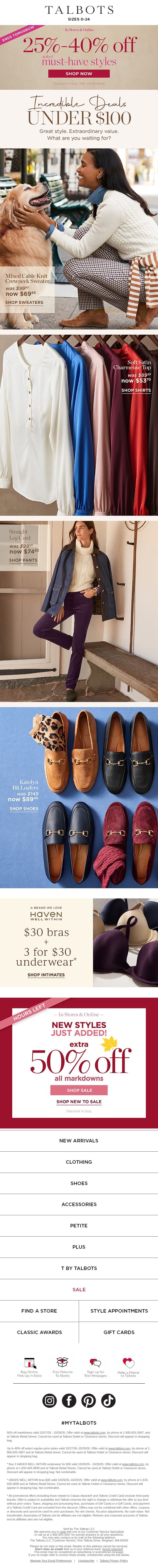 25-40% off select wear-now styles ENDS TOMORROW email from Talbots screenshot