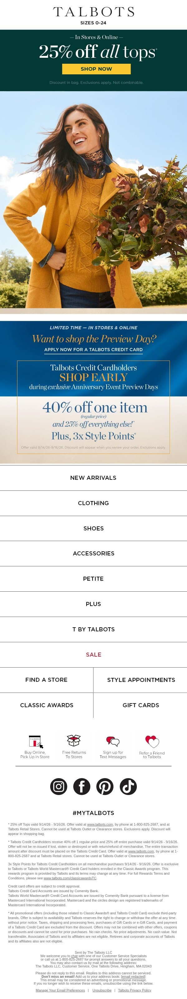 Click quick for 25% off all TOPS email from Talbots screenshot