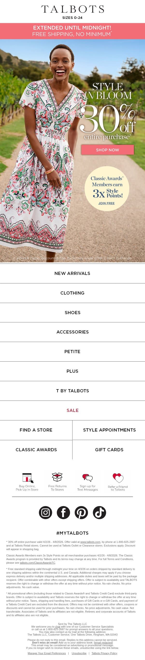 Now until midnight! FREE SHIPPING, no minimum email from Talbots screenshot