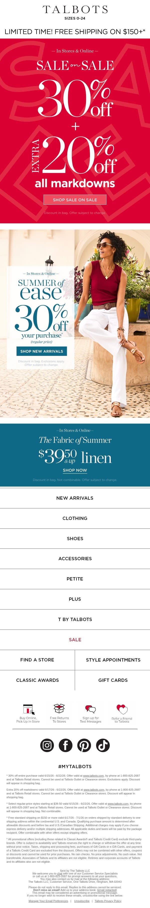 SALE ON SALE! Extra 30% + 20% off all markdowns email from Talbots screenshot