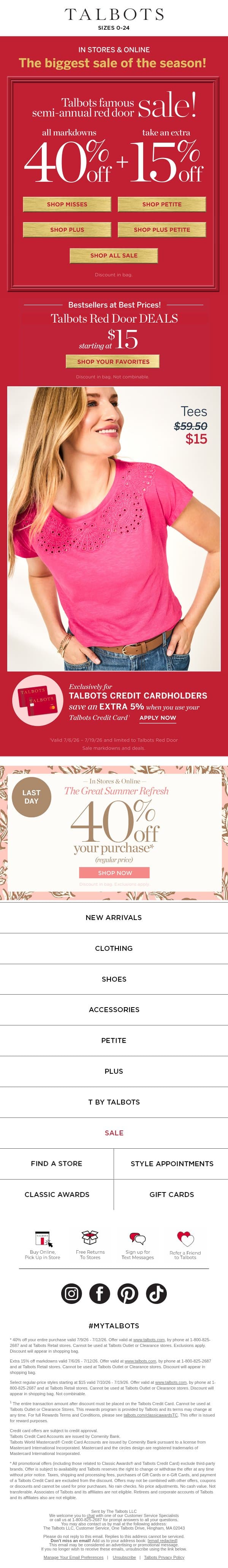 ENDS TODAY! 40% + EXTRA 15% off hundreds of markdowns email from Talbots screenshot