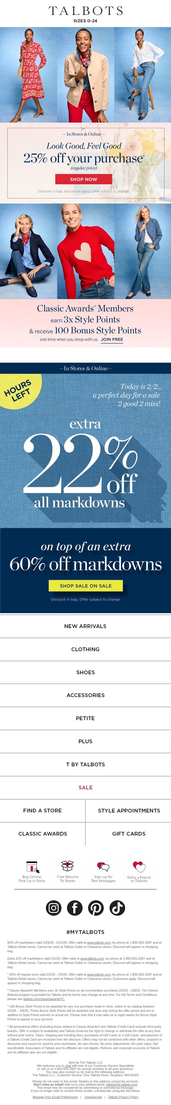 25% off new styles + 3x Style Points for Classic Awards® Members* email from Talbots screenshot