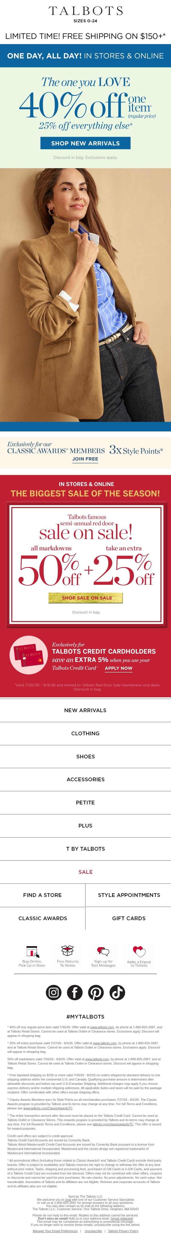 ONE DAY, ALL DAY! 40% off 1 + 25% off the rest* email from Talbots screenshot
