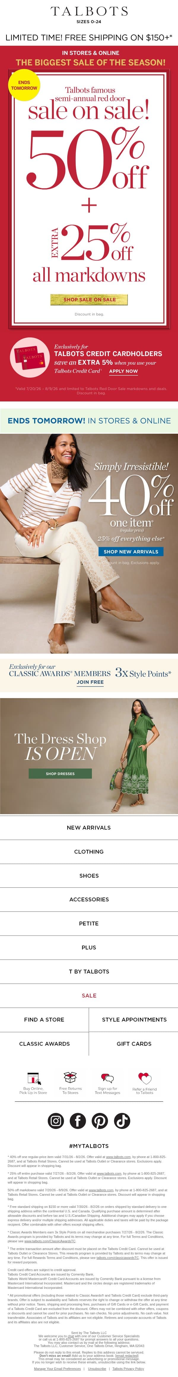 ENDS TOMORROW! EXTRA 50% + 25% off on these pretty pieces. email from Talbots screenshot
