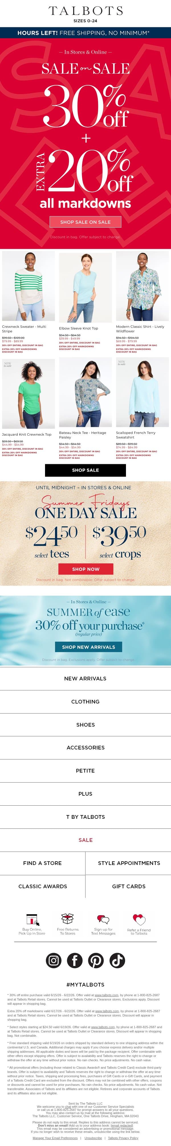 EXTRA 30% + 20% off these most-loved sale styles! email from Talbots screenshot