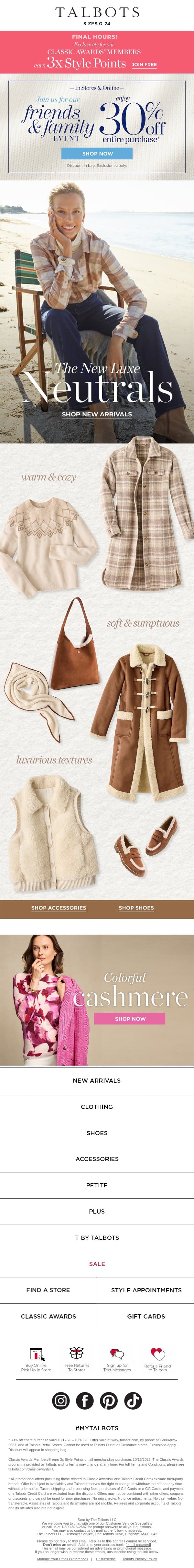 FRIENDS! Don’t miss 30% off + 3x Style Points* email from Talbots screenshot