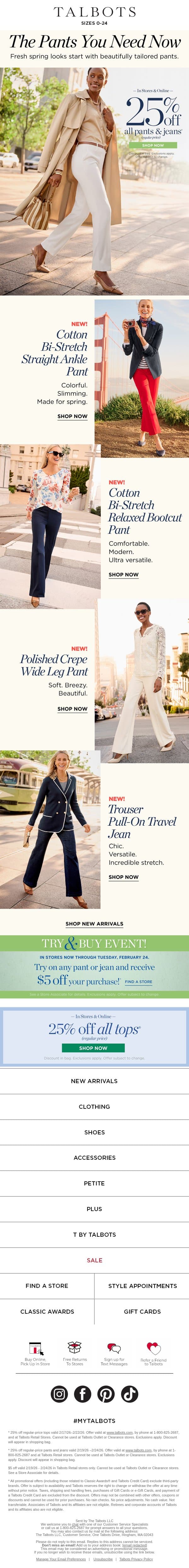 25% off PANTS & JEANS + $5 off deal IN STORES email from Talbots screenshot