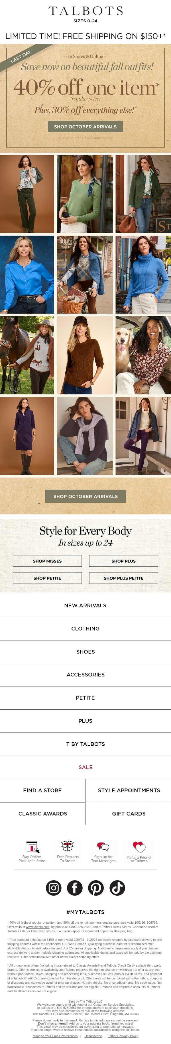 LAST DAY for 40% off 1 item & 30% off the rest* email from Talbots screenshot