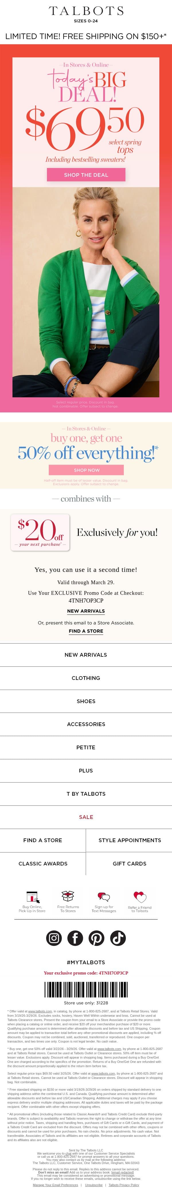 Today’s BIG DEAL—$69.50 SPRING TOPS email from Talbots screenshot