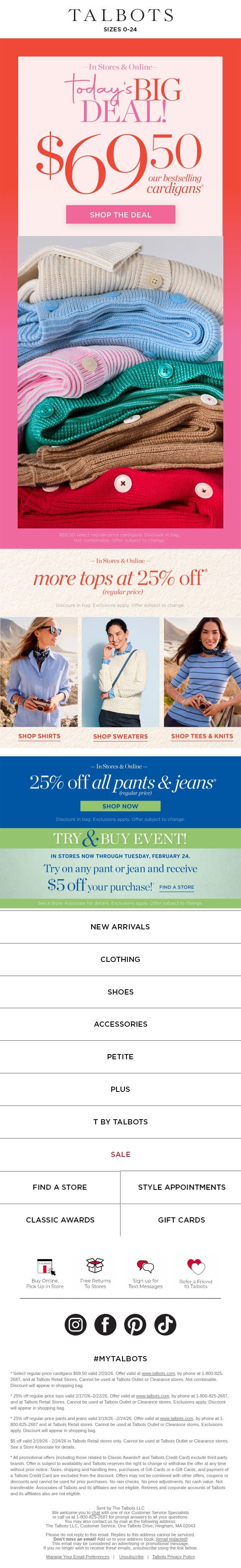 Today Only! $69.50 Bestselling Cardigans email from Talbots screenshot