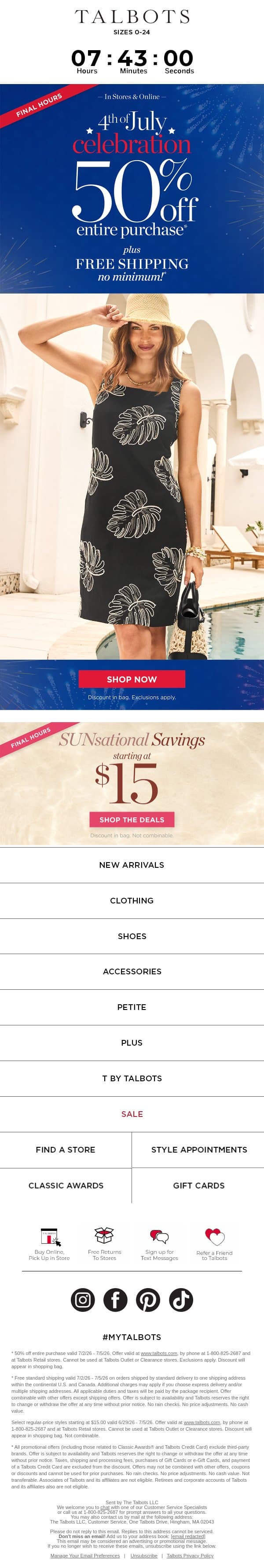 FINAL HOURS—50% off + FREE shipping email from Talbots screenshot