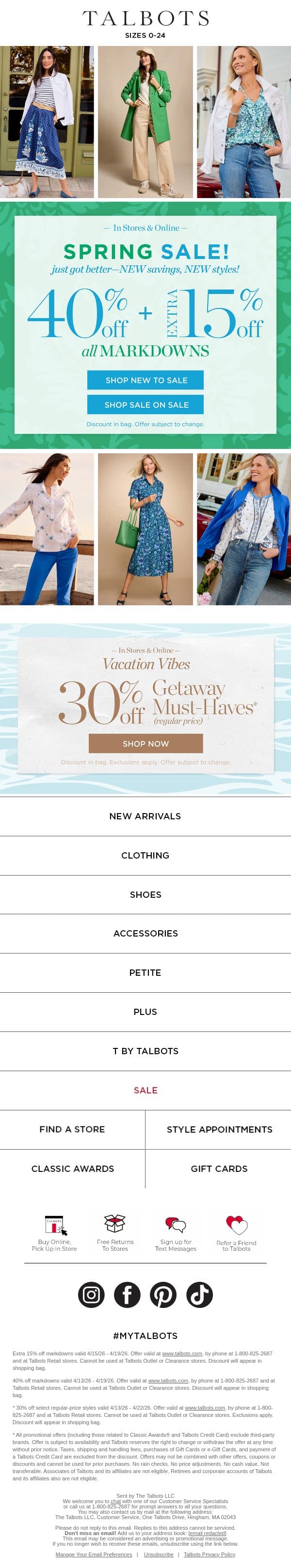 SALE ON SALE! Extra 40% + 15% off markdowns email from Talbots screenshot