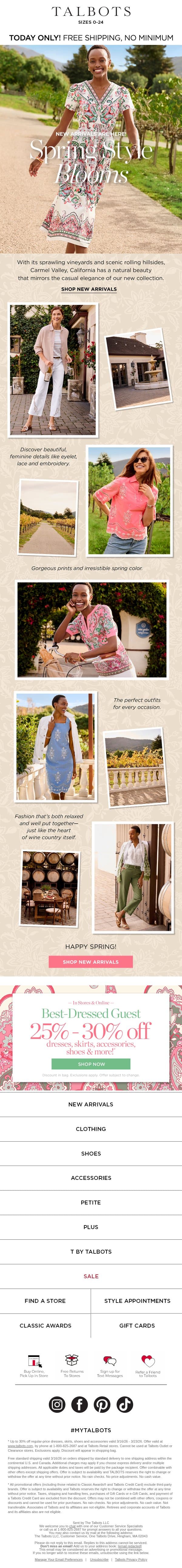 🌻 NEW SPRING ARRIVALS + FREE shipping today only email from Talbots screenshot