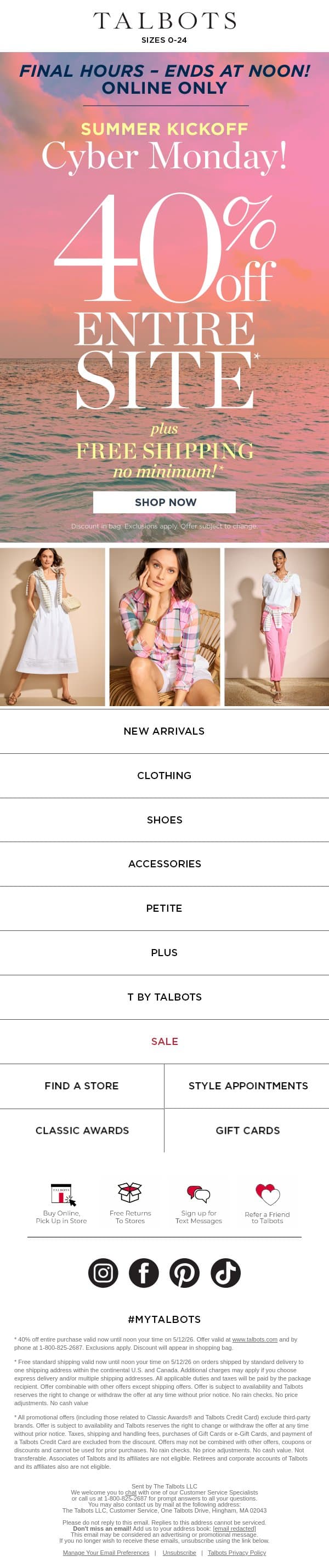 EXTENDED UNTIL NOON! 40% off ENTIRE Site + FREE Shipping* email from Talbots screenshot