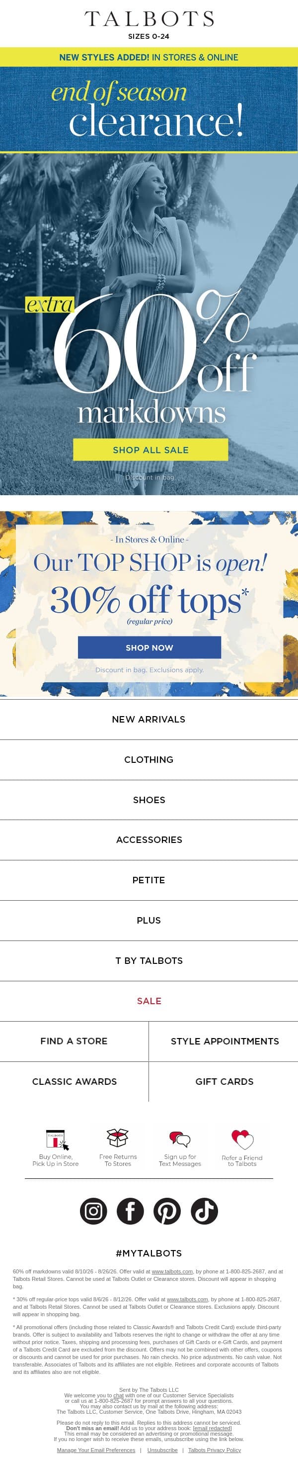🚨 EXTRA 60% off End of Season CLEARANCE 🚨 email from Talbots screenshot