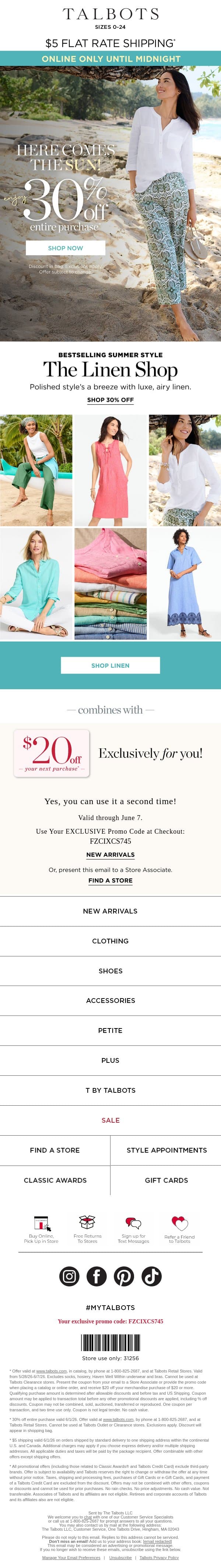 Stock up on linen while EVERYTHING is 30% off* email from Talbots screenshot