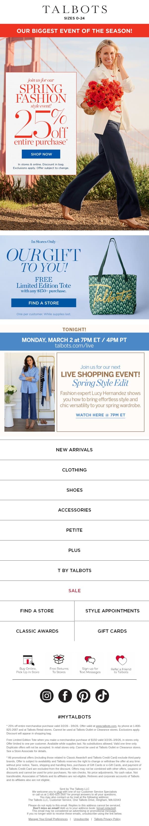 Our 25% off Spring Fashion Style Event IS HERE email from Talbots screenshot
