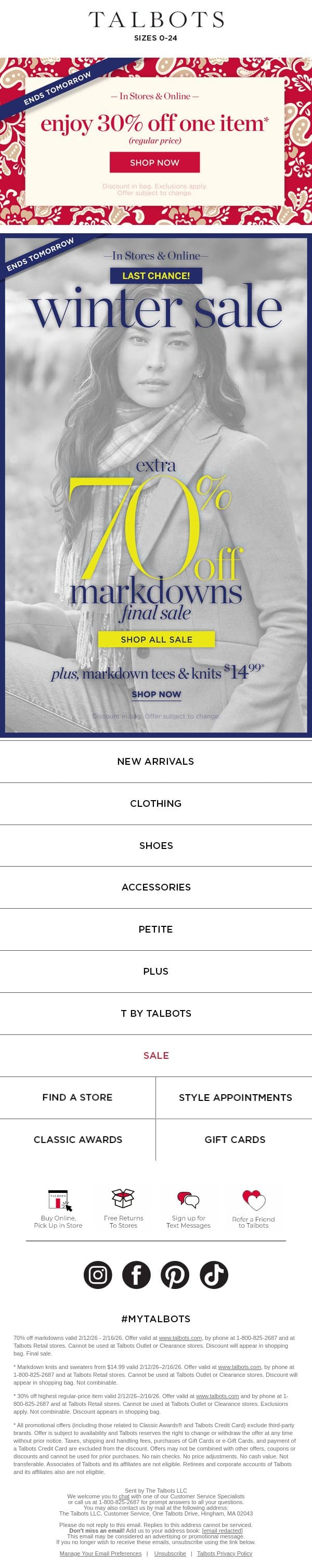 Ends Tomorrow: Extra 70% off CLEARANCE email from Talbots screenshot