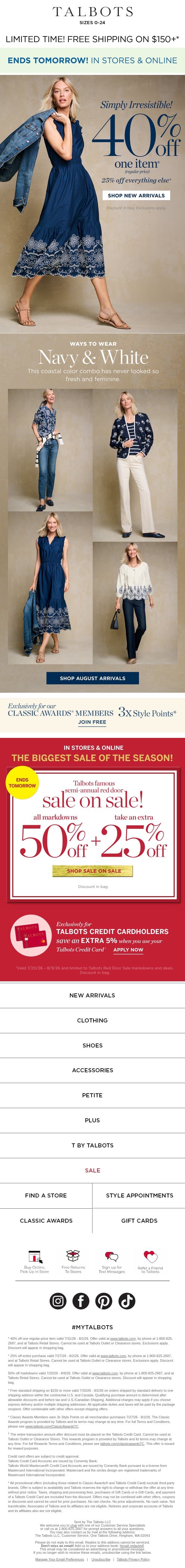 40% off a favorite ENDS TOMORROW! email from Talbots screenshot