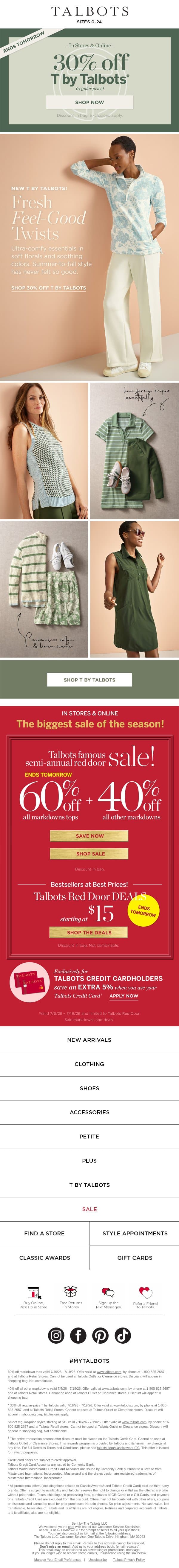 30% off T by Talbots ENDS TOMORROW!* email from Talbots screenshot