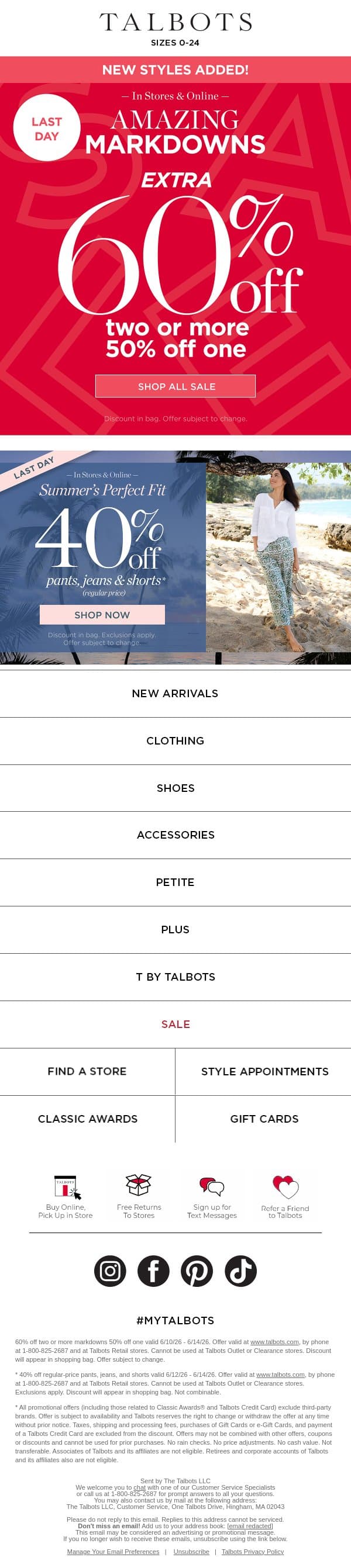 ENDING! Extra 60% off 2 or more markdowns email from Talbots screenshot