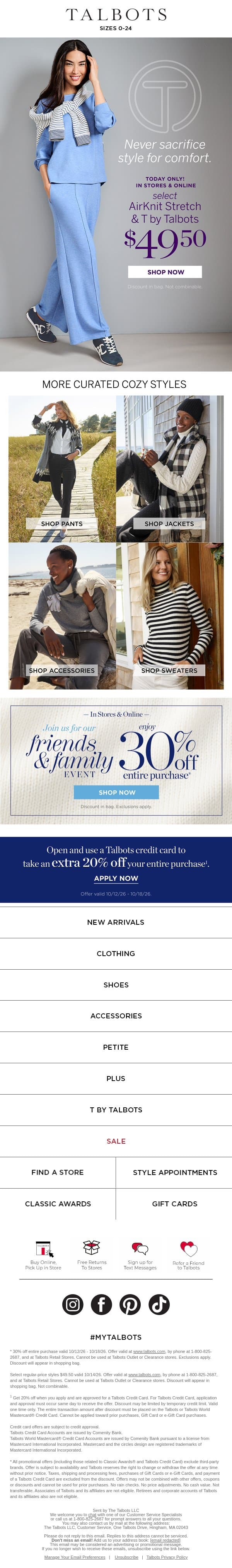 TODAY ONLY! $49.50 warm & cozy AirKnit Stretch email from Talbots screenshot