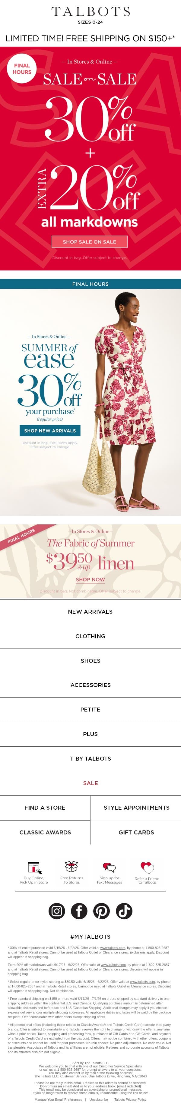 THIS. IS. IT! Sale on Sale + $39.50 Linen END AT MIDNIGHT email from Talbots screenshot