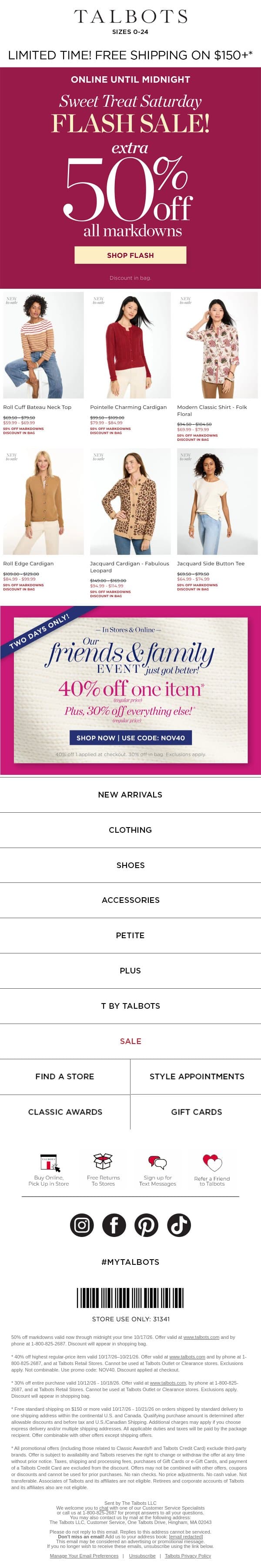 ⚡ EXTRA 50% off markdowns FLASH SALE ⚡ email from Talbots screenshot