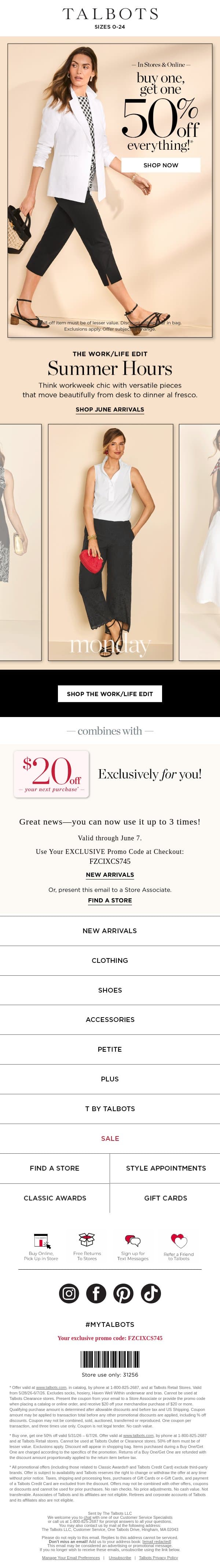 Summer Workweek Style + BOGO 50% off everything* email from Talbots screenshot
