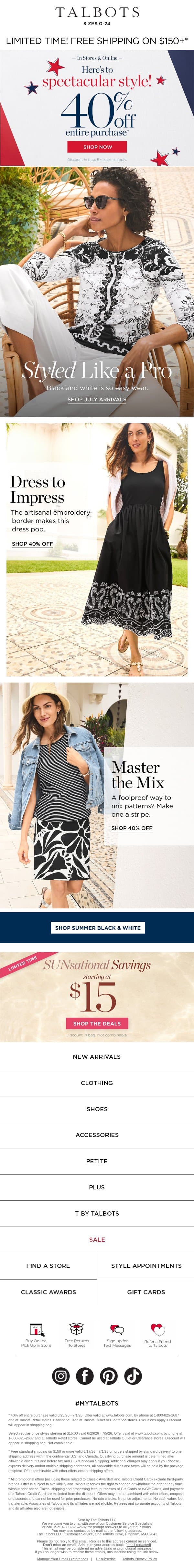 ☀️ $15 & up sunny must-haves + 40% off everything else* email from Talbots screenshot