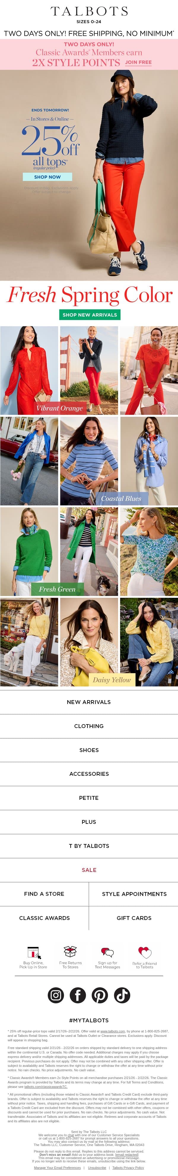 COLOR YOUR SPRING + FREE Shipping email from Talbots screenshot