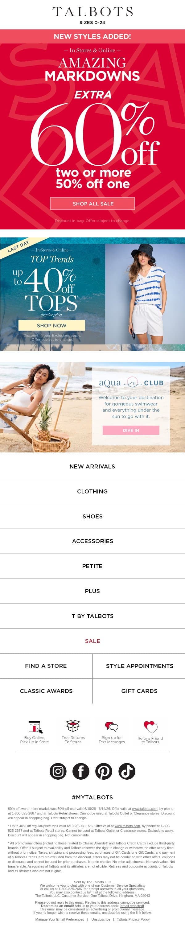 1,000+ styles to shop—EXTRA 60% off 2 or more markdowns! email from Talbots screenshot