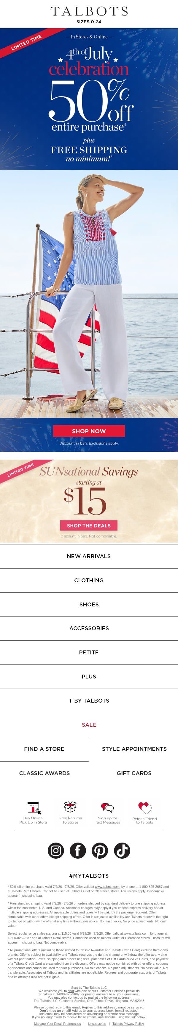Let your summer style shine! 50% off + FREE shipping email from Talbots screenshot