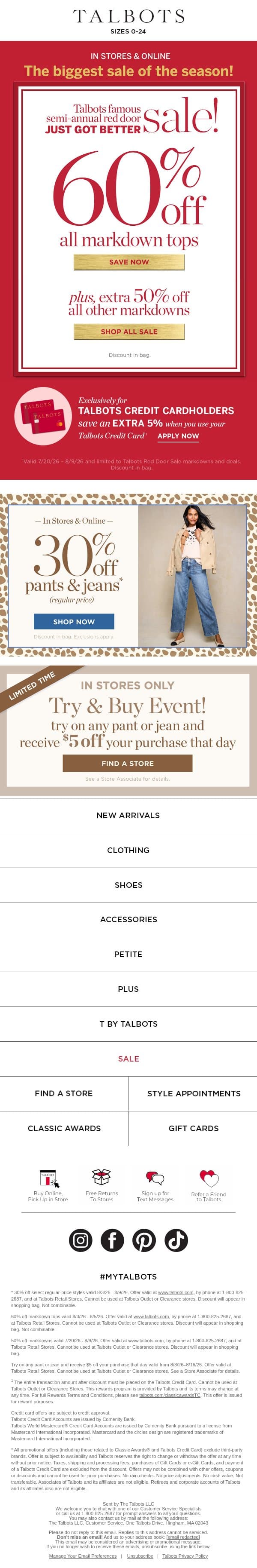 👚 60% off all sale TOPS starts NOW! 👚 email from Talbots screenshot