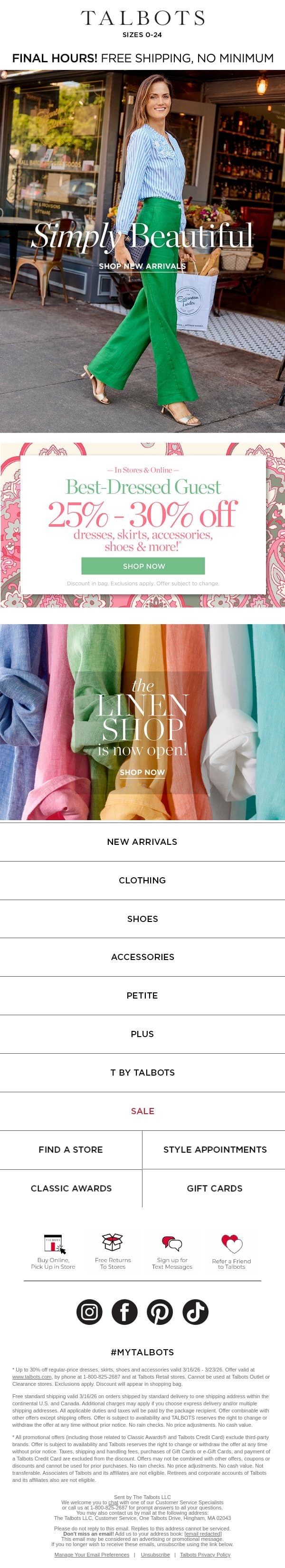 Ship your favorite NEW April Arrivals FREE—if you HURRY! 🛍️ email from Talbots screenshot