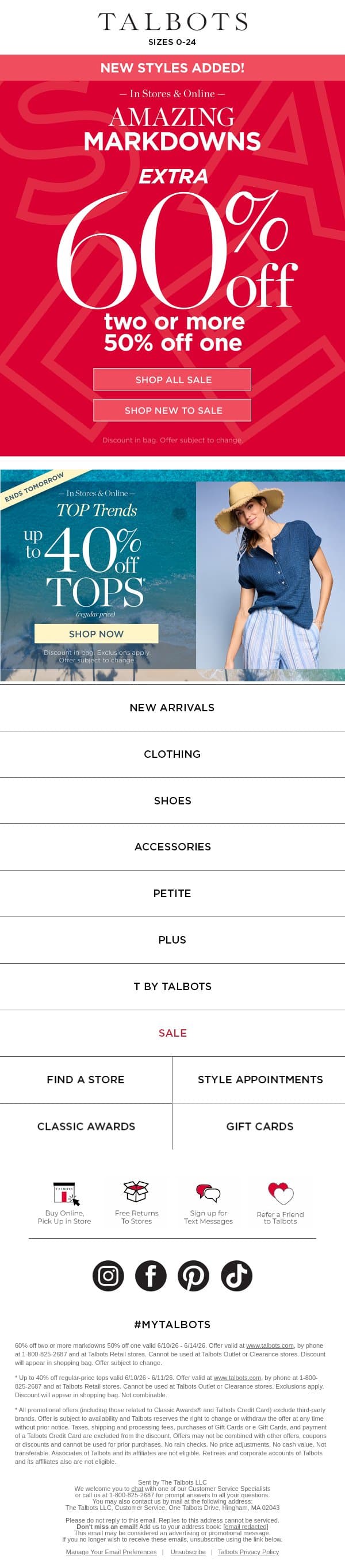 NEW TO SALE styles—EXTRA 60% off 2+ email from Talbots screenshot